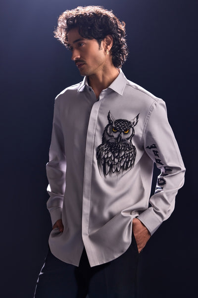 Owl Hand Painted Shirt with Handwork