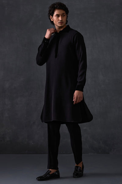 Black Pathani With Velvet Detailing On Collar And Cuff  With Trousers