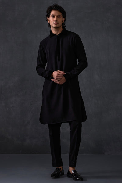 Black Pathani With Velvet Detailing On Collar And Cuff  With Trousers