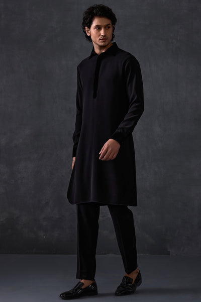 Black Pathani With Velvet Detailing On Collar And Cuff  With Trousers