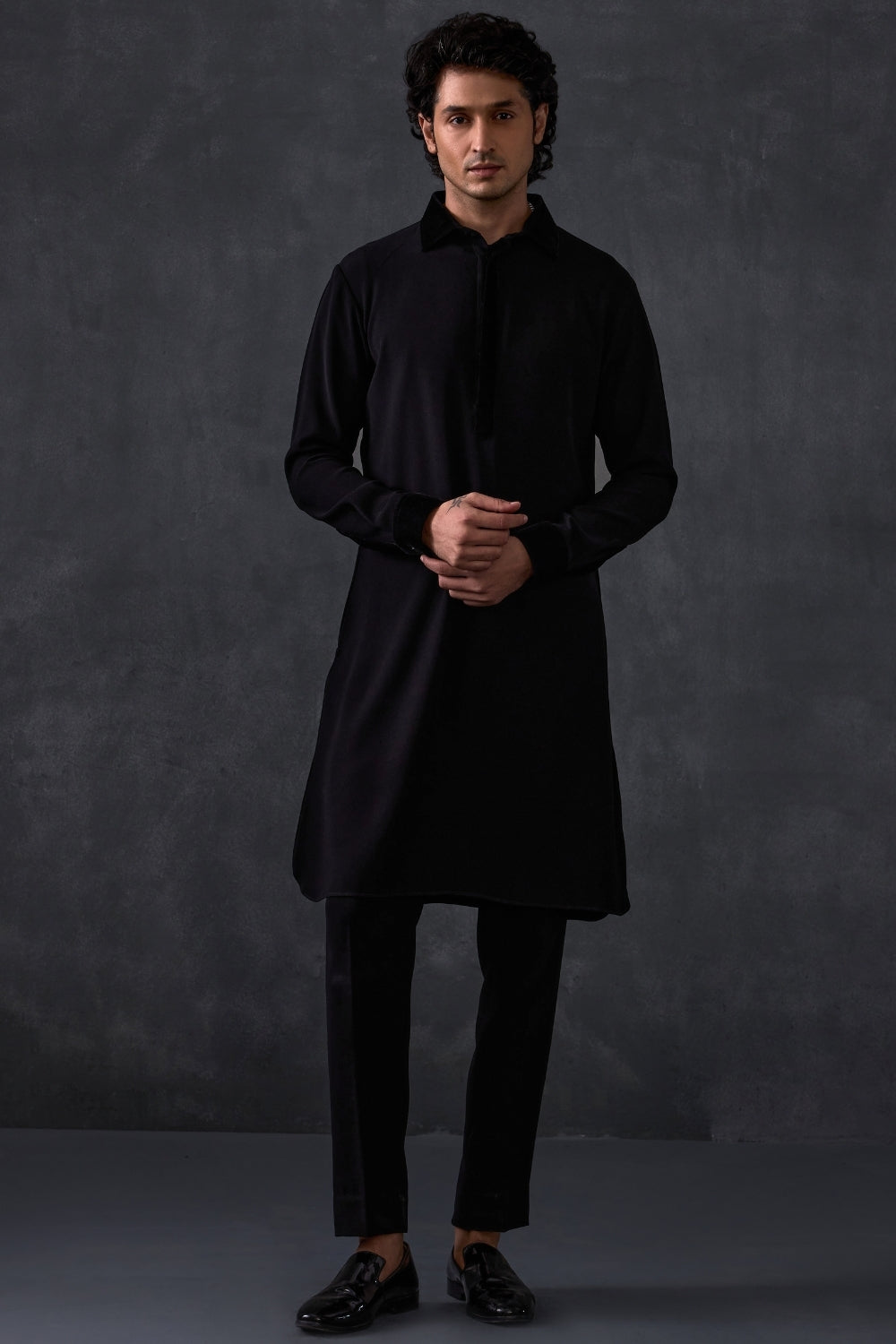 Black Pathani With Velvet Detailing On Collar And Cuff  With Trousers