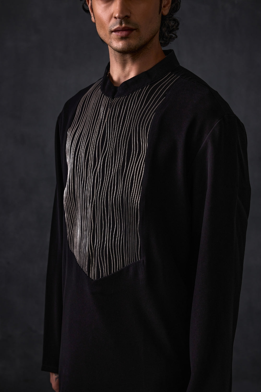 Black Kurta With Leather Detailing And Trousers