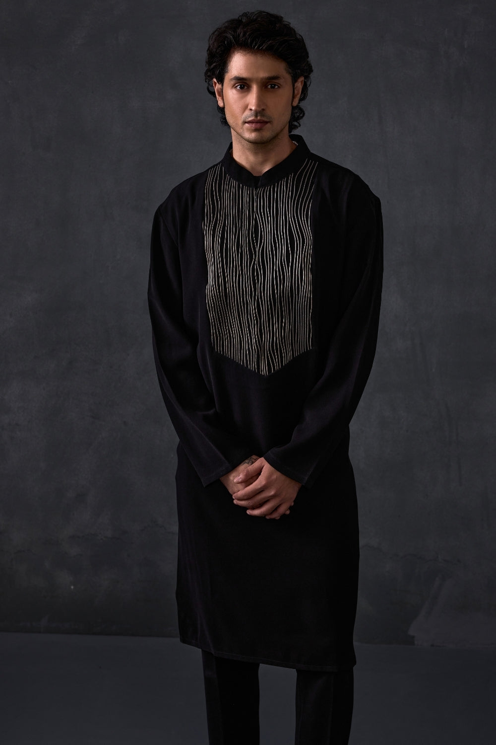 Black Kurta With Leather Detailing And Trousers