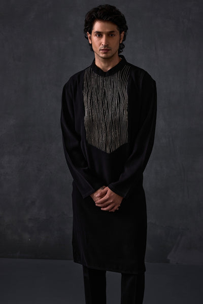 Black Kurta With Leather Detailing And Trousers