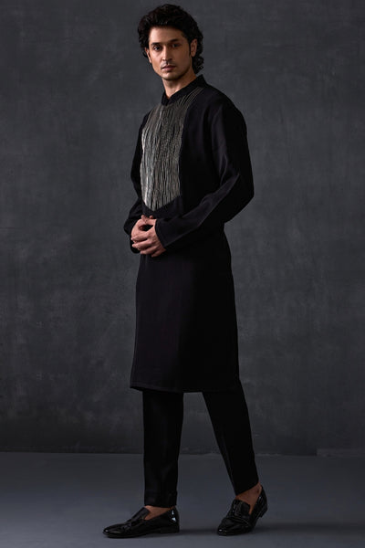 Black Kurta With Leather Detailing And Trousers