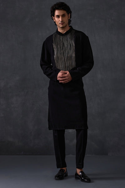 Black Kurta With Leather Detailing And Trousers