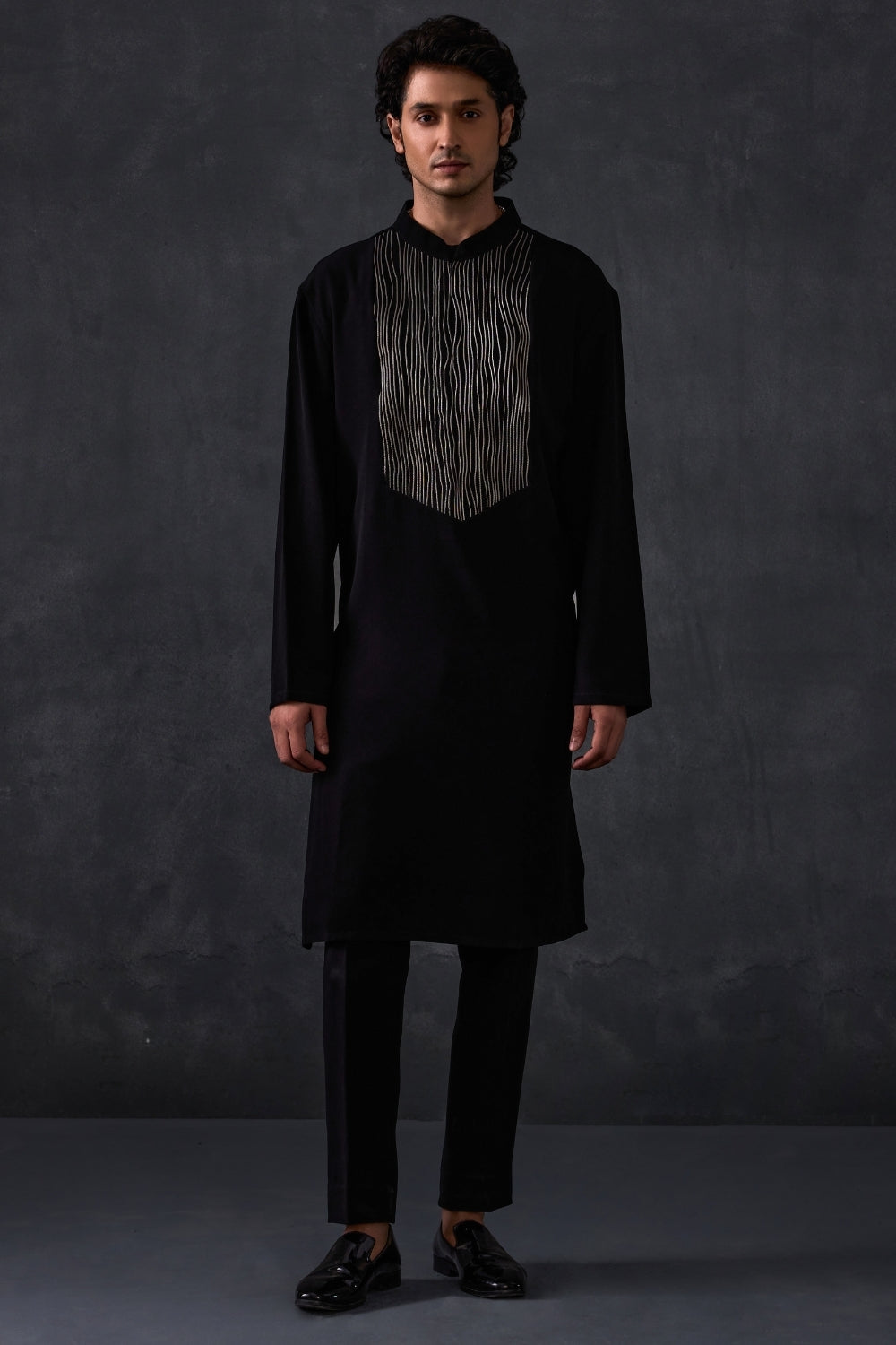 Black Kurta With Leather Detailing And Trousers