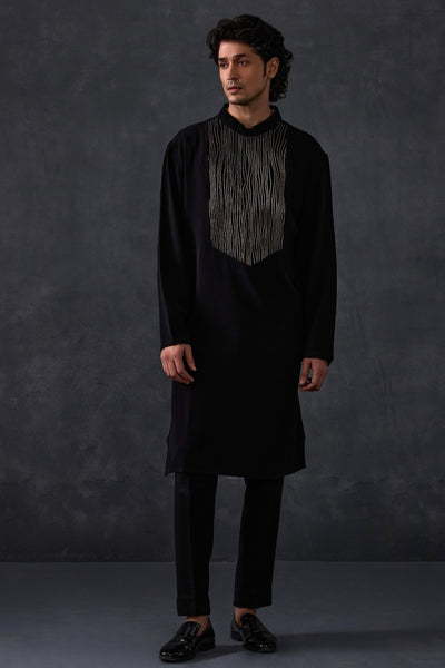 Black Kurta With Leather Detailing And Trousers