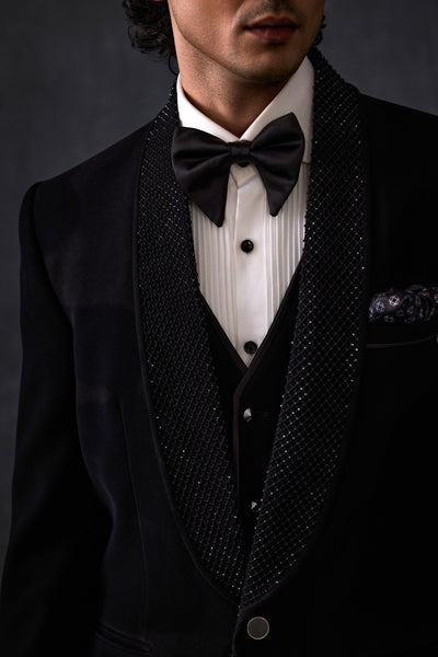 Black Tuxedo With Sequins On Lapel Detailing And Waistcoat Three Pieces With Trousers