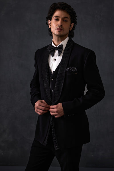 Black Tuxedo With Sequins On Lapel Detailing And Waistcoat Three Pieces With Trousers