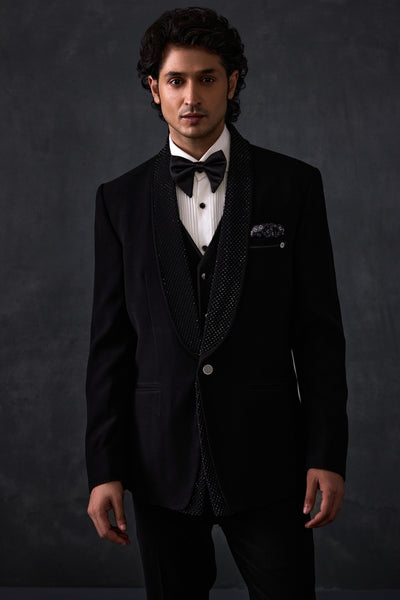 Black Tuxedo With Sequins On Lapel Detailing And Waistcoat Three Pieces With Trousers