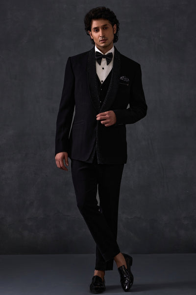 Black Tuxedo With Sequins On Lapel Detailing And Waistcoat Three Pieces With Trousers