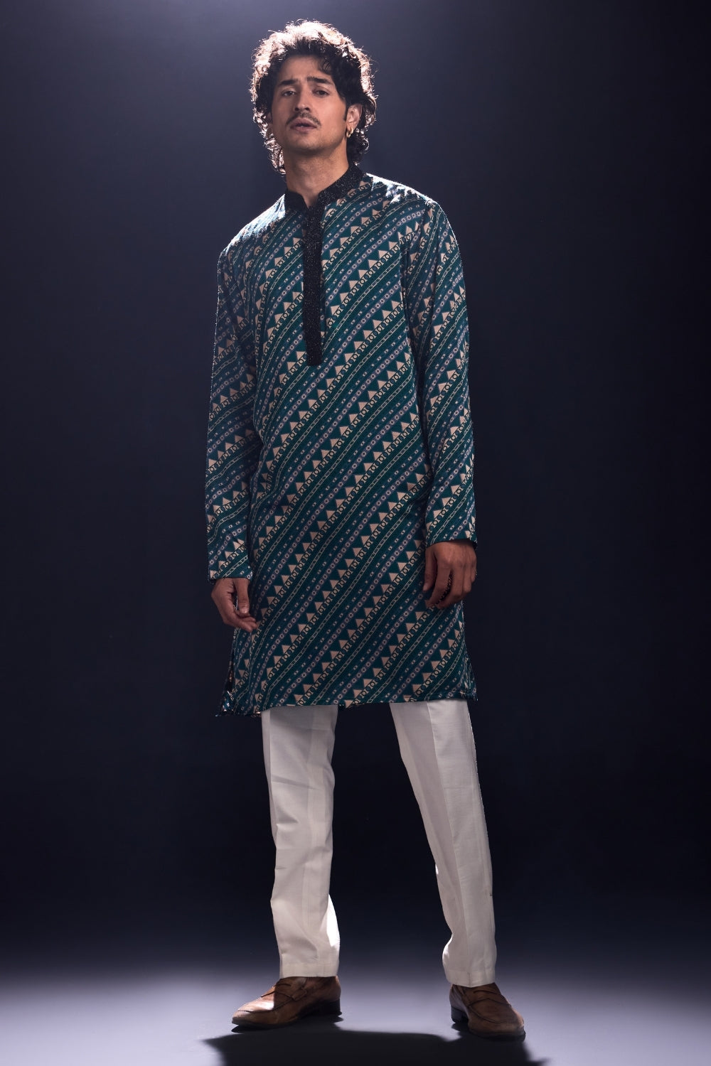 Modal Satin Printed Kurta with White Pants