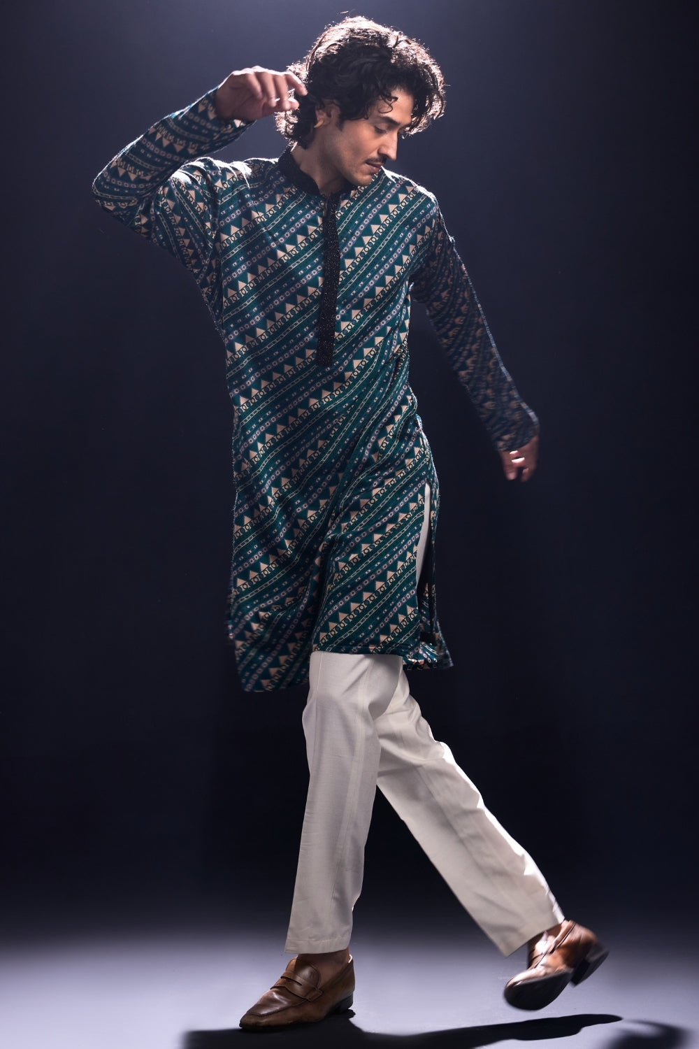 Modal Satin Printed Kurta with White Pants