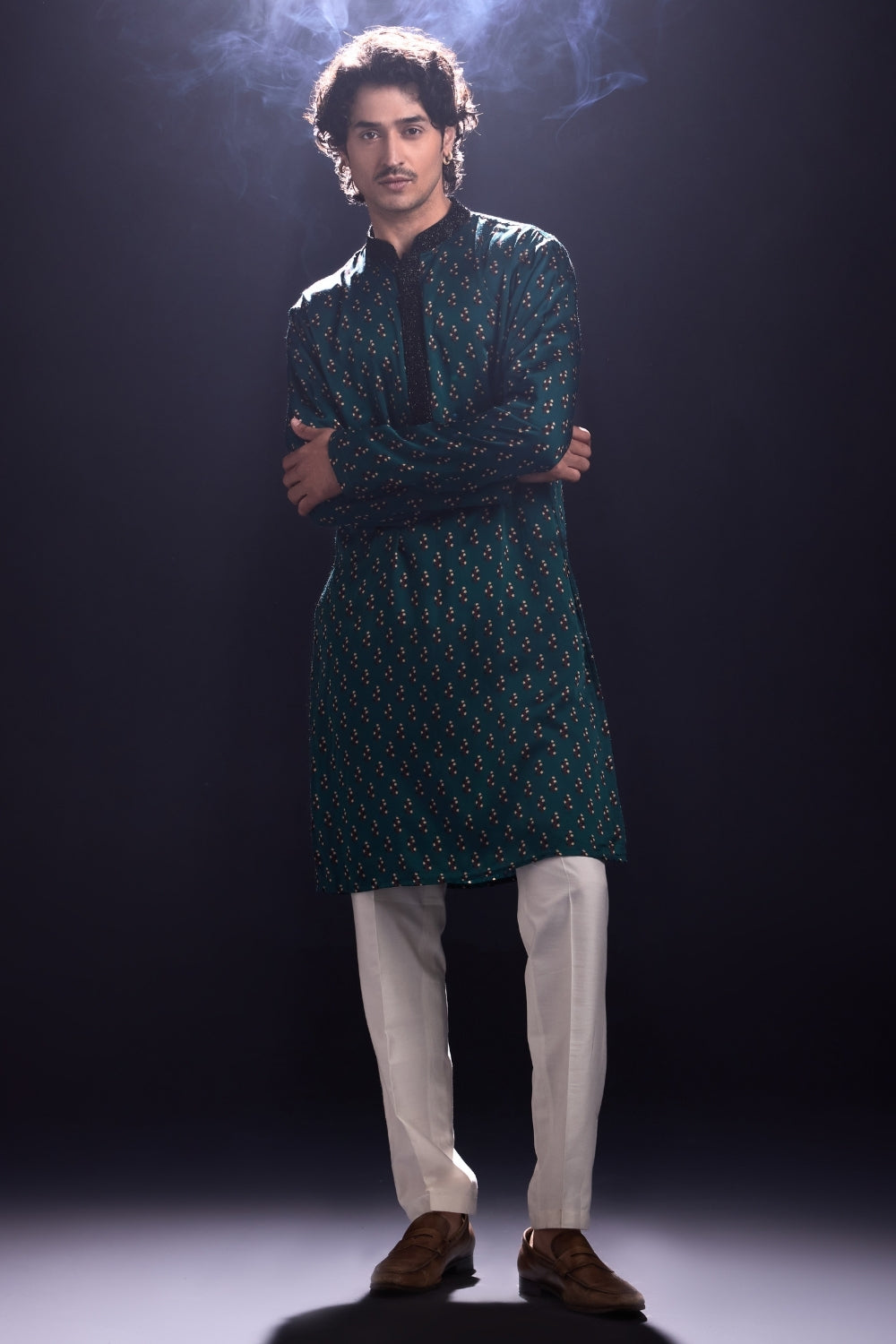 Modal Satin Printed Kurta with White Pants