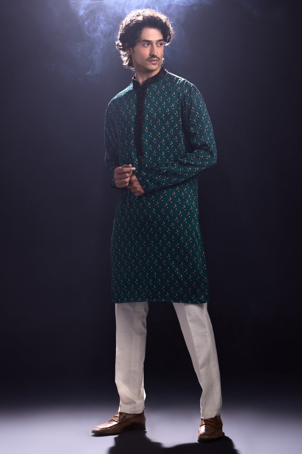 Modal Satin Printed Kurta with White Pants