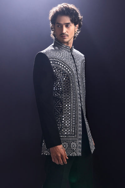 Embellished Mirror Work and Embroidered Cocktail Jodhouri Jacket with Pants