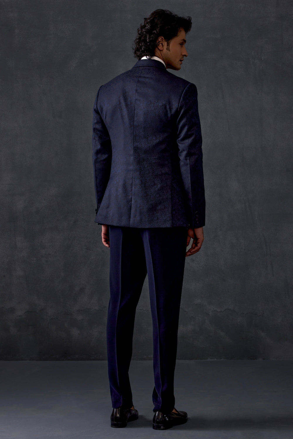 Navy Blue Self Print Tuxedo With Trousers