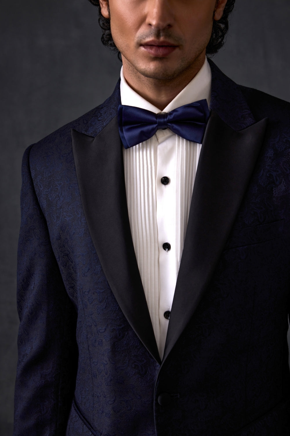 Navy Blue Self Print Tuxedo With Trousers