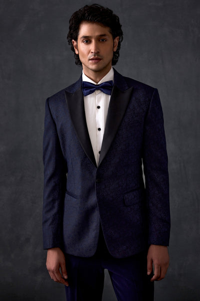 Navy Blue Self Print Tuxedo With Trousers