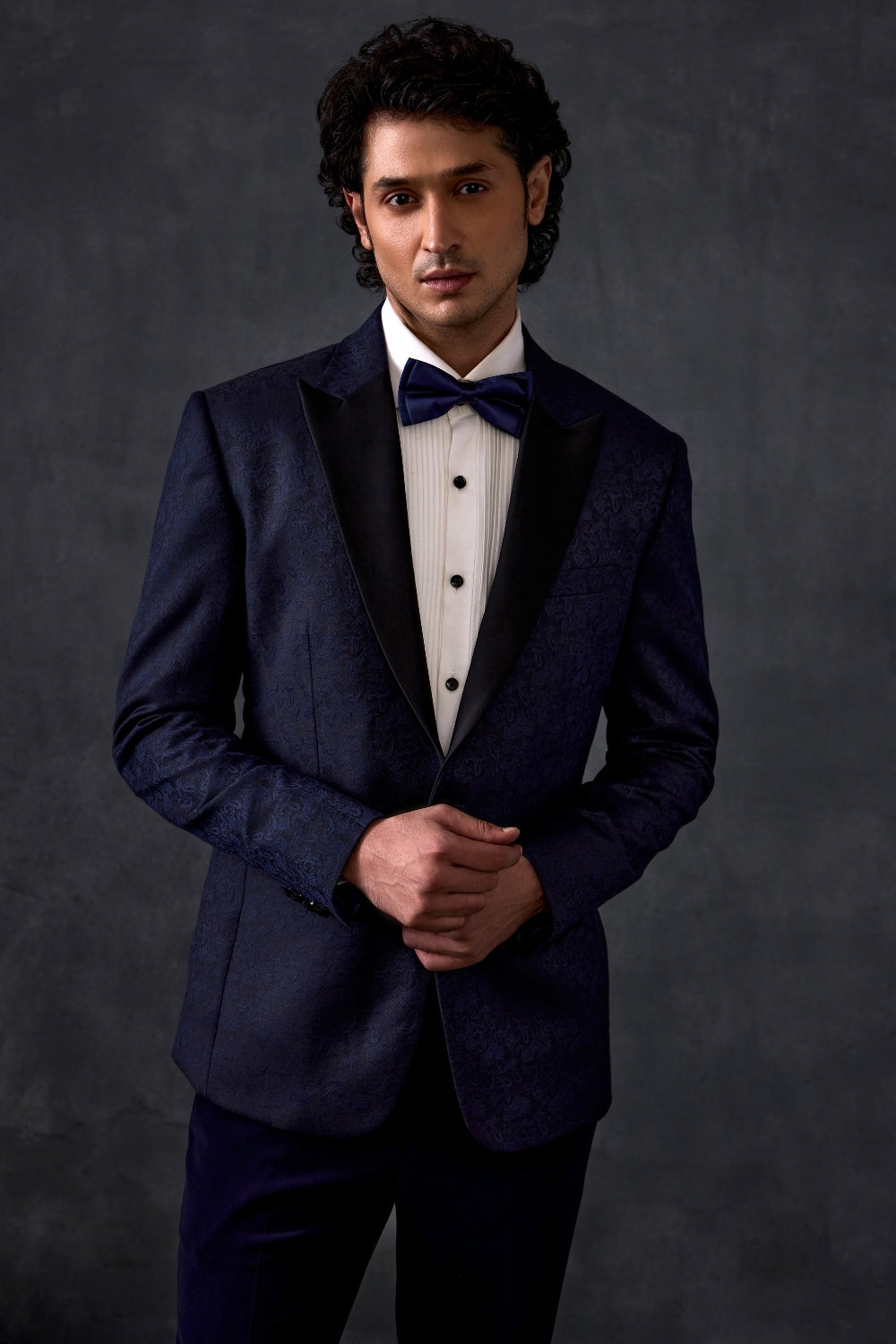 Navy Blue Self Print Tuxedo With Trousers