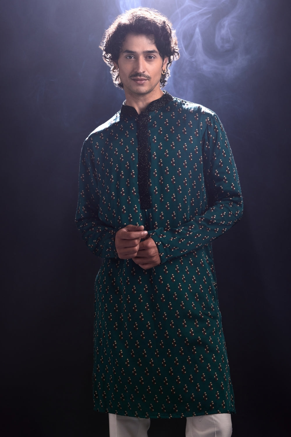 Modal Satin Printed Kurta with White Pants