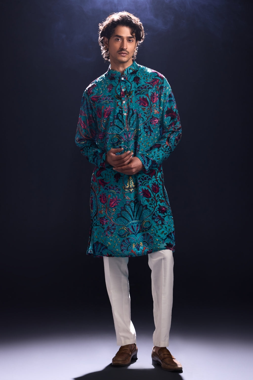 Blue Kurta with Applique Work and White Pants