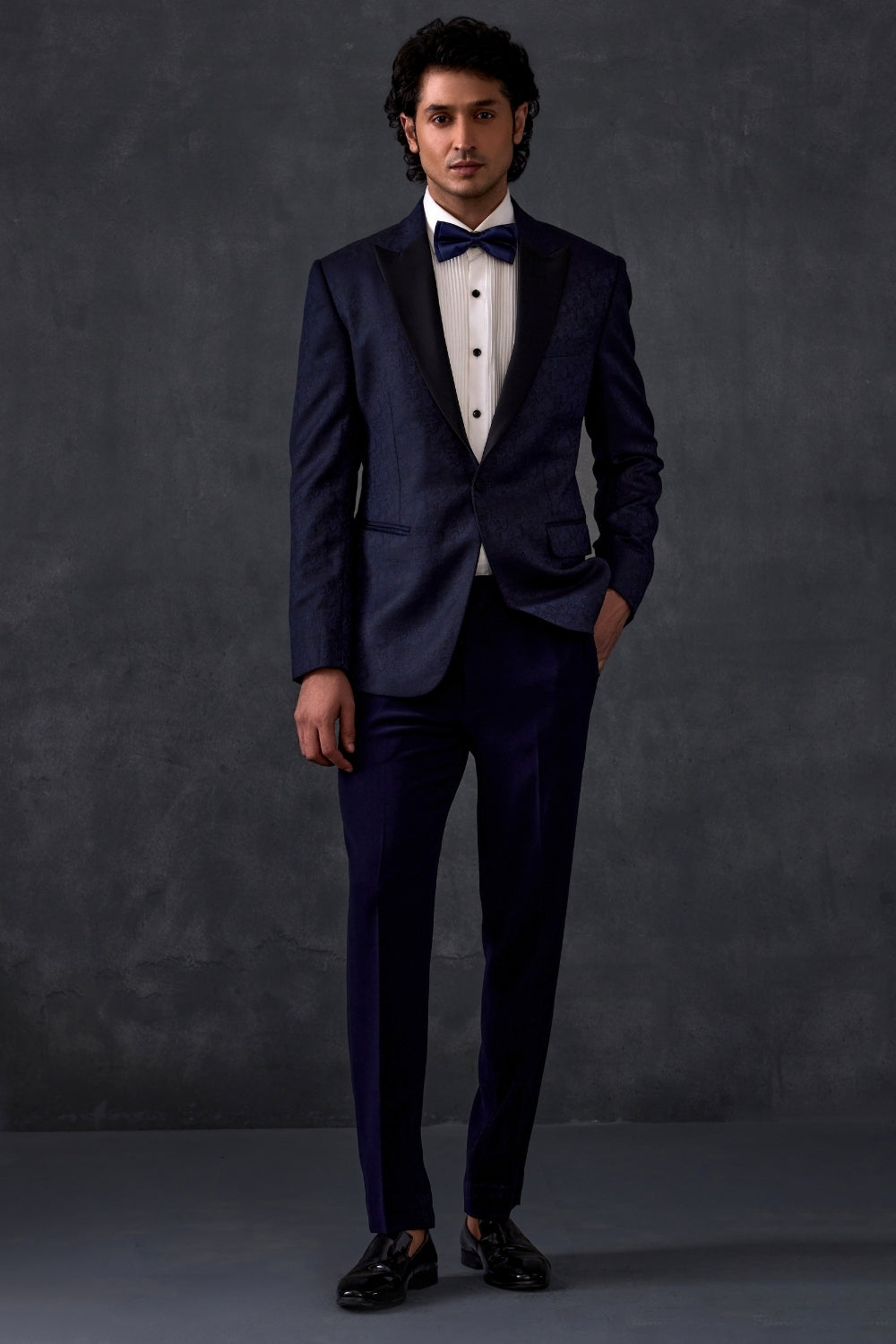 Navy Blue Self Print Tuxedo With Trousers