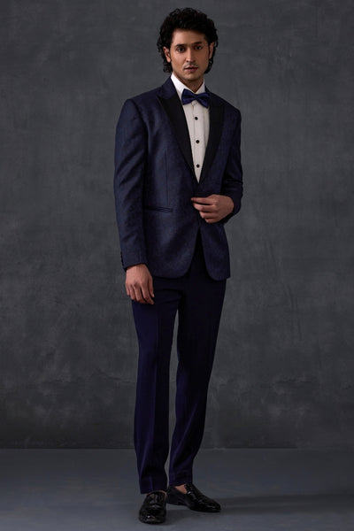 Navy Blue Self Print Tuxedo With Trousers