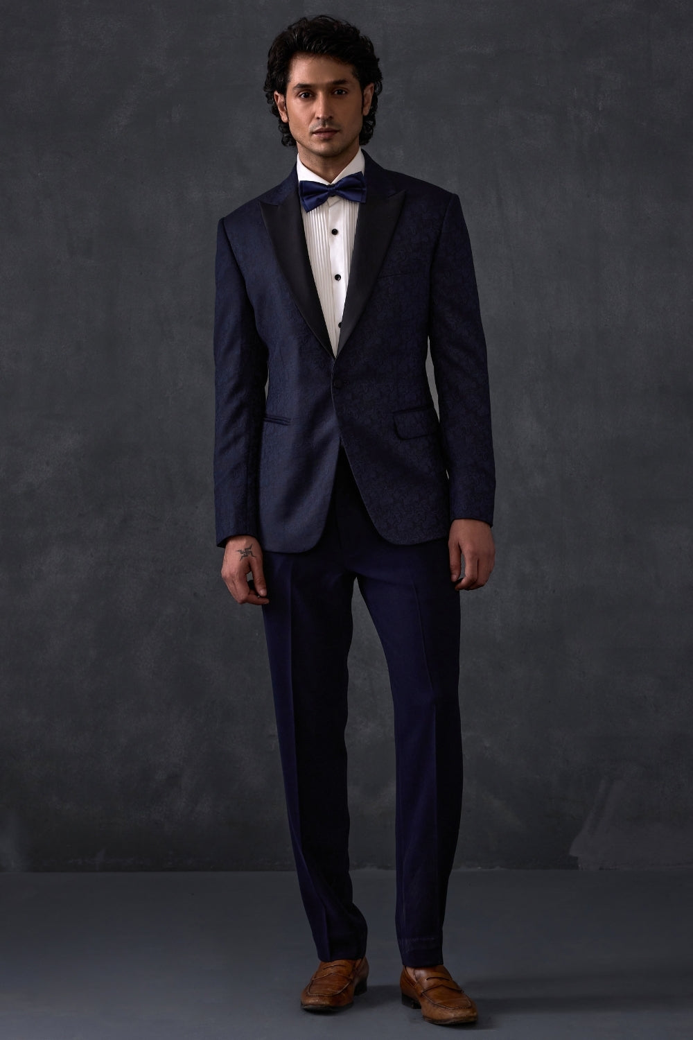 Navy Blue Self Print Tuxedo With Trousers