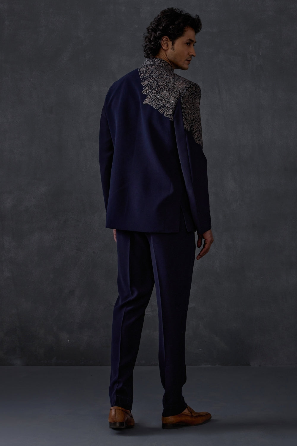 Navy Blue Embroidered Bandhgala With Trousers