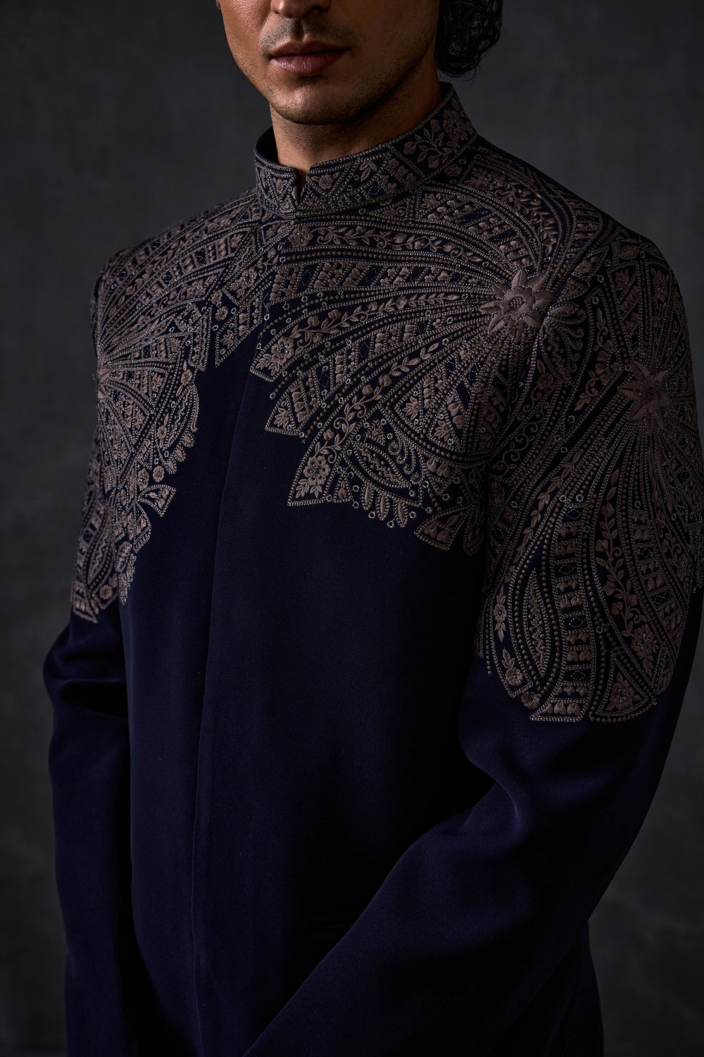 Navy Blue Embroidered Bandhgala With Trousers