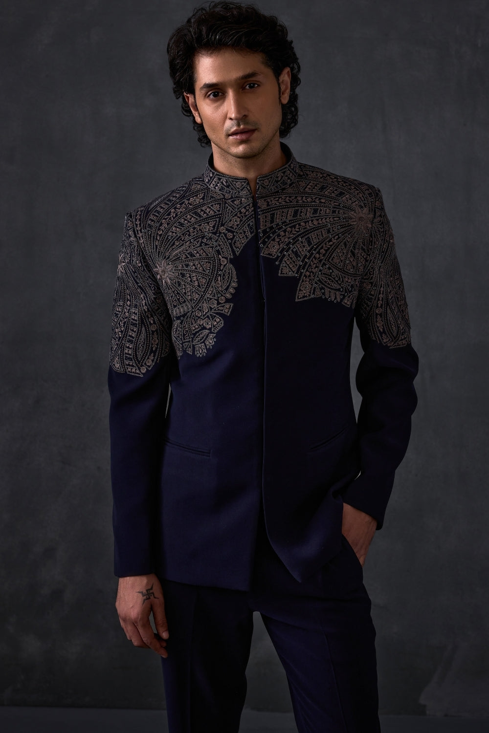 Navy Blue Embroidered Bandhgala With Trousers