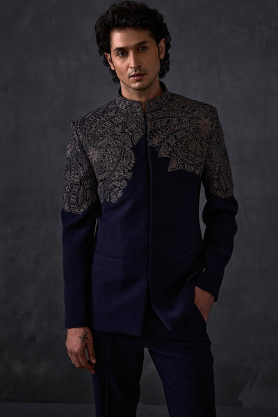 Navy Blue Embroidered Bandhgala With Trousers