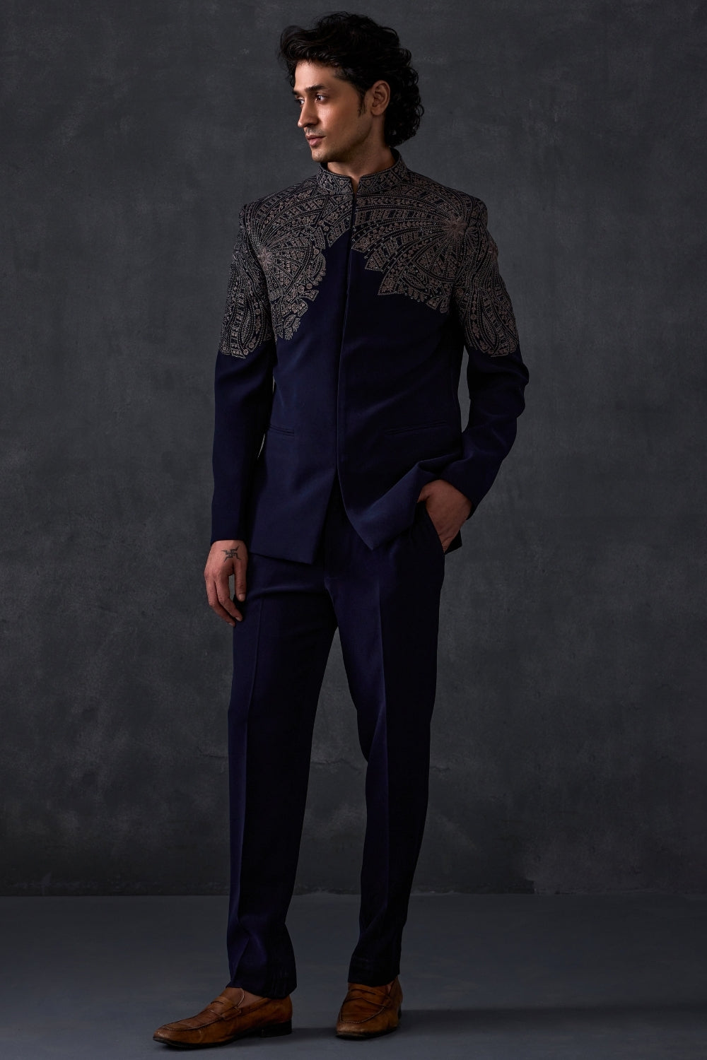 Navy Blue Embroidered Bandhgala With Trousers