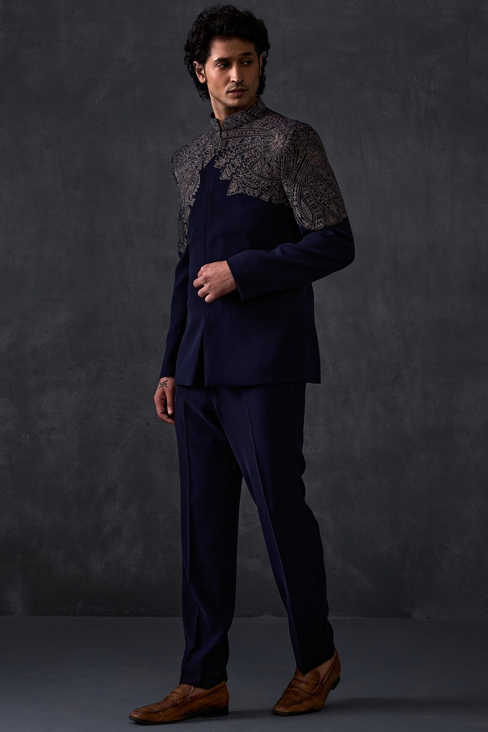 Navy Blue Embroidered Bandhgala With Trousers