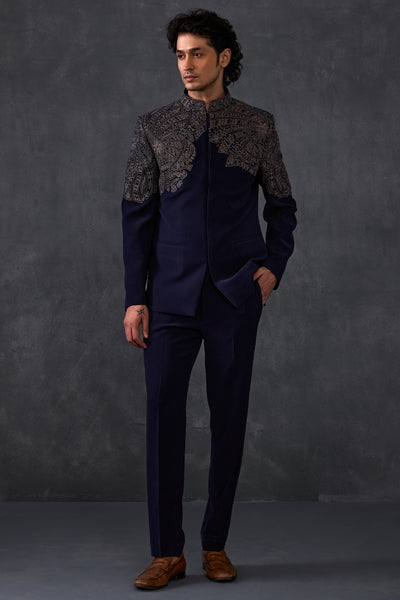 Navy Blue Embroidered Bandhgala With Trousers