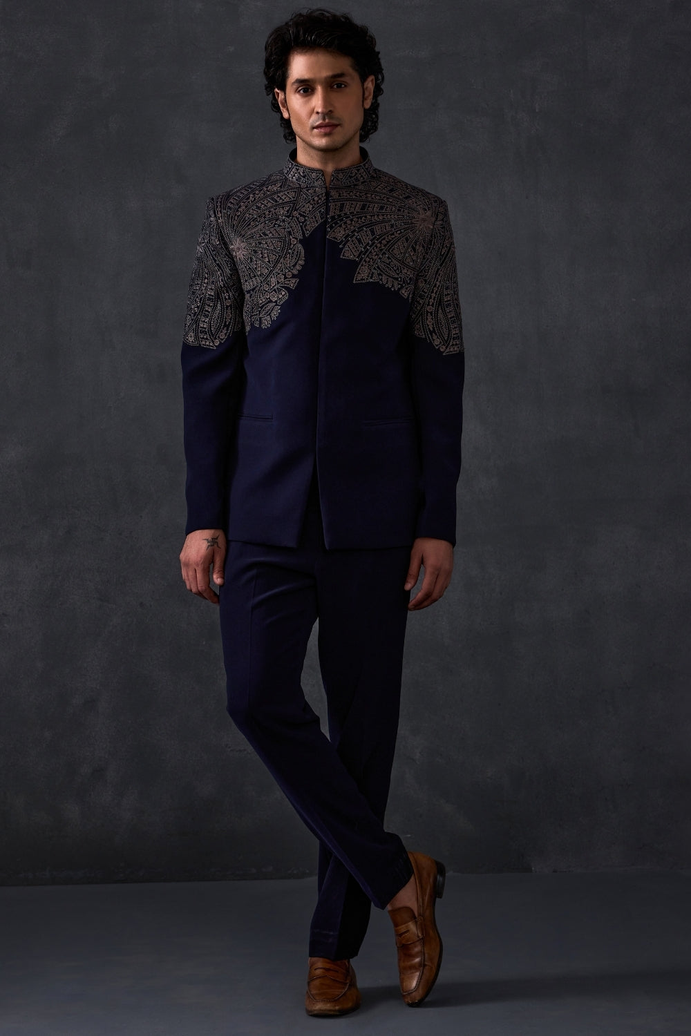 Navy Blue Embroidered Bandhgala With Trousers