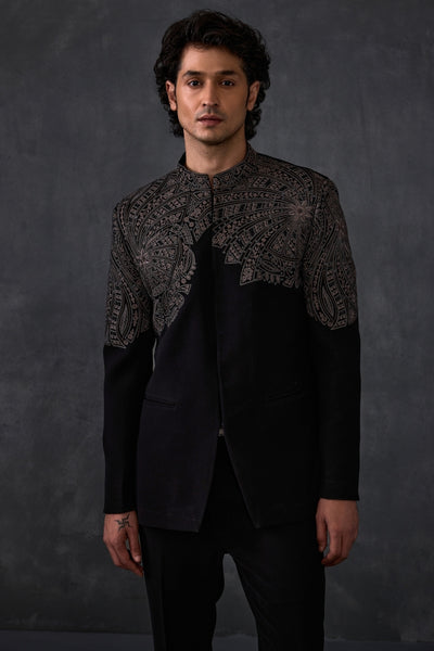 Black Embroidery Bandhgala With Trousers