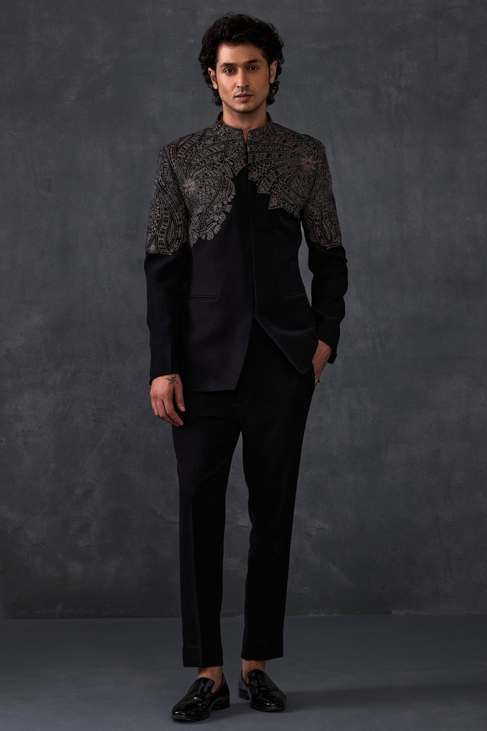 Black Embroidery Bandhgala With Trousers