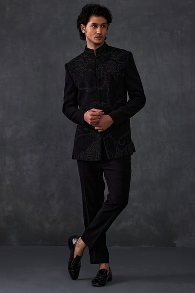 Black Embroidery Bandhgala With Trousers