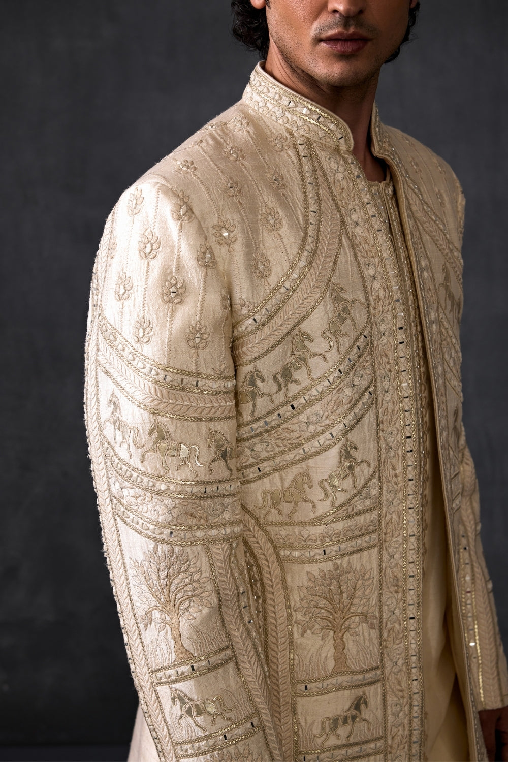 Leather And Mirror Work Ivory Indowestern With Trousers