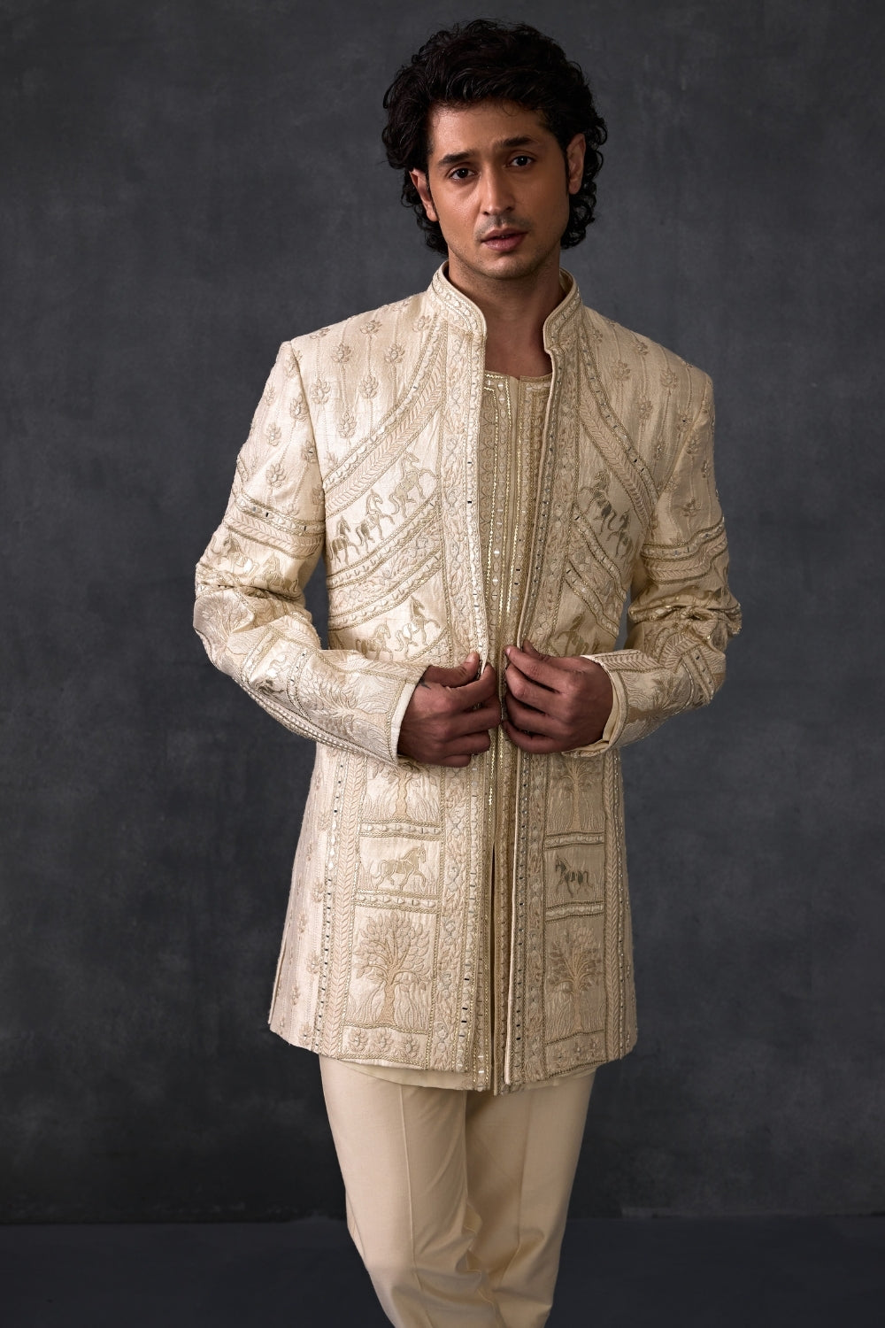 Leather And Mirror Work Ivory Indowestern With Trousers