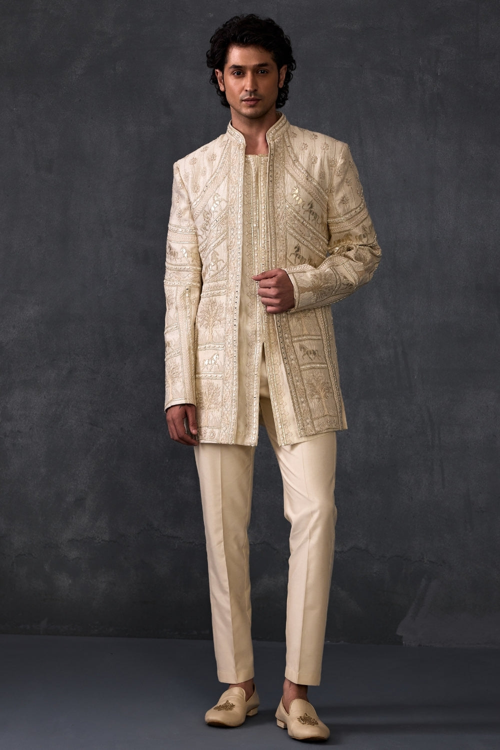 Leather And Mirror Work Ivory Indowestern With Trousers