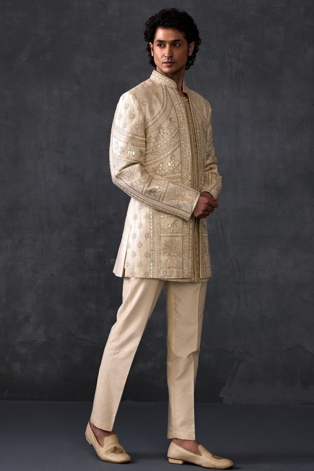 Leather And Mirror Work Ivory Indowestern With Trousers