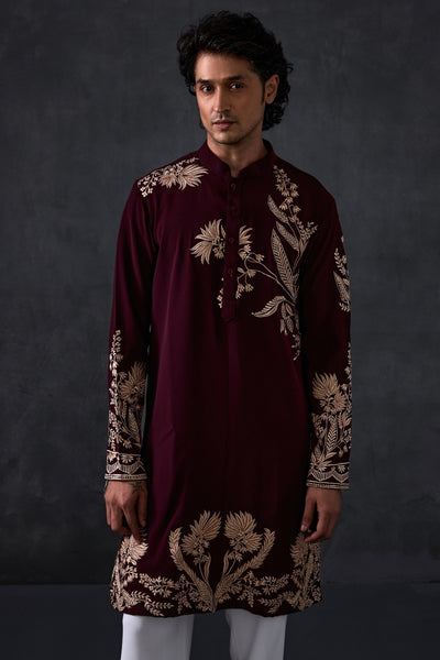 Wine Embroidered Kurta And Trousers