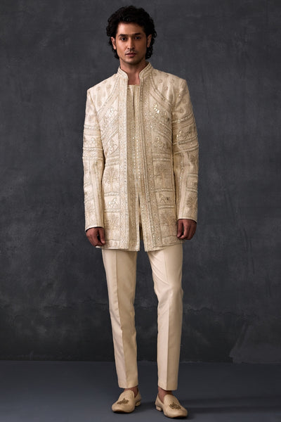 Leather And Mirror Work Ivory Indowestern With Trousers