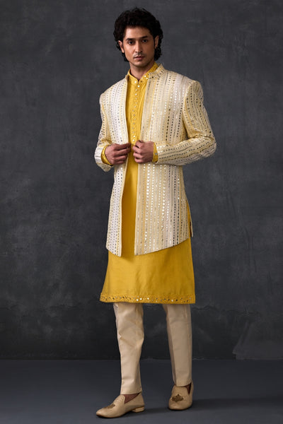 Haldi Yellow Mirror Work Indowestern With Trousers