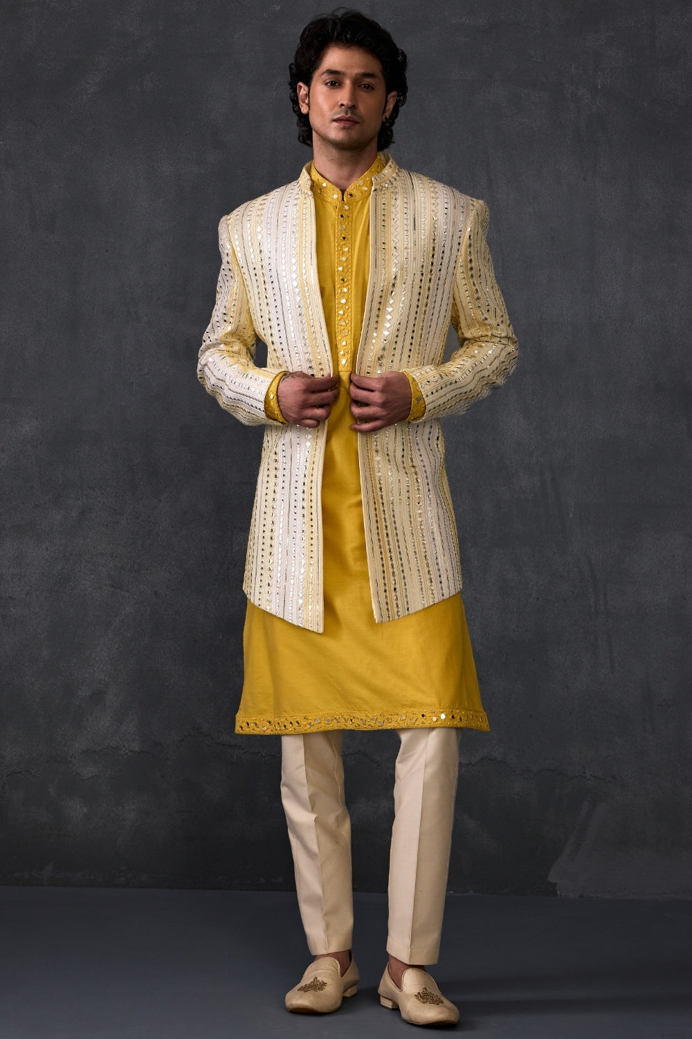 Haldi Yellow Mirror Work Indowestern With Trousers