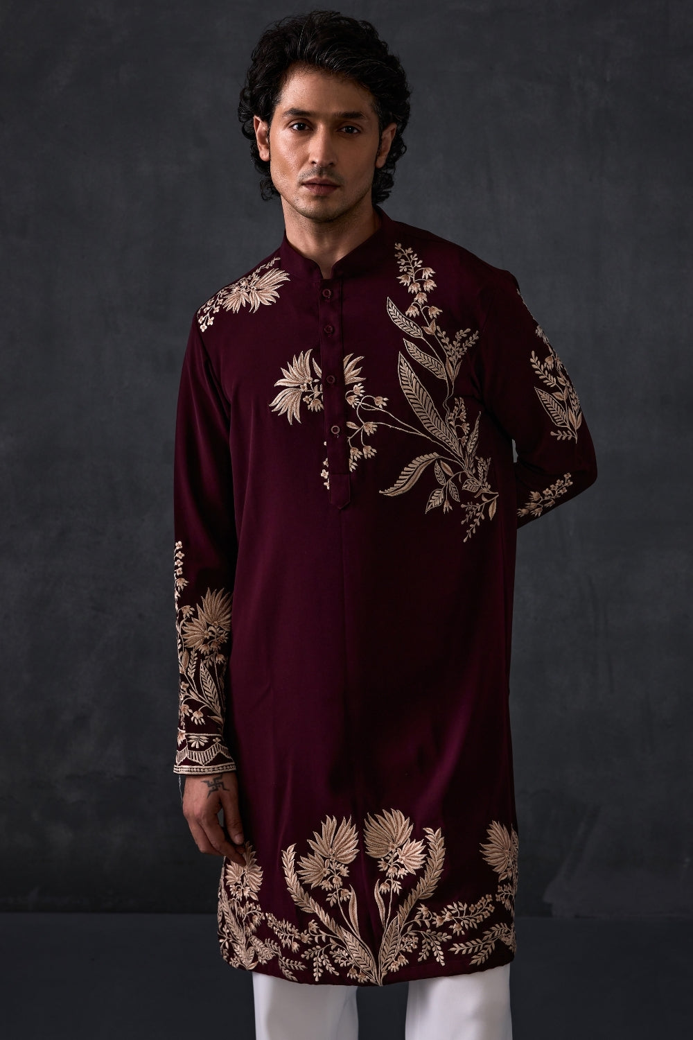 Wine Embroidered Kurta And Trousers